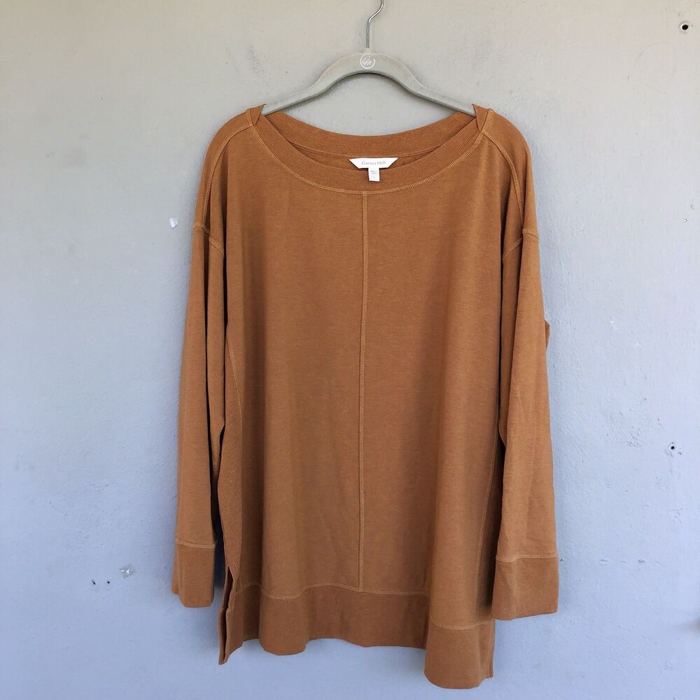 Garnet Hill Tunic Top Womens L Brown Ribbed Dolman Sleeve Boxy Knit Coastal